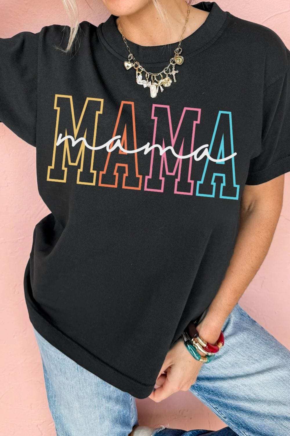 MAMA Round Neck Short Sleeve T-Shirt - Trendsi - Flyclothing LLC