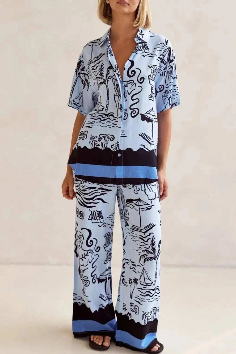 Printed Button Up Shirt and Pants Set Plus Size - Trendsi - Flyclothing LLC