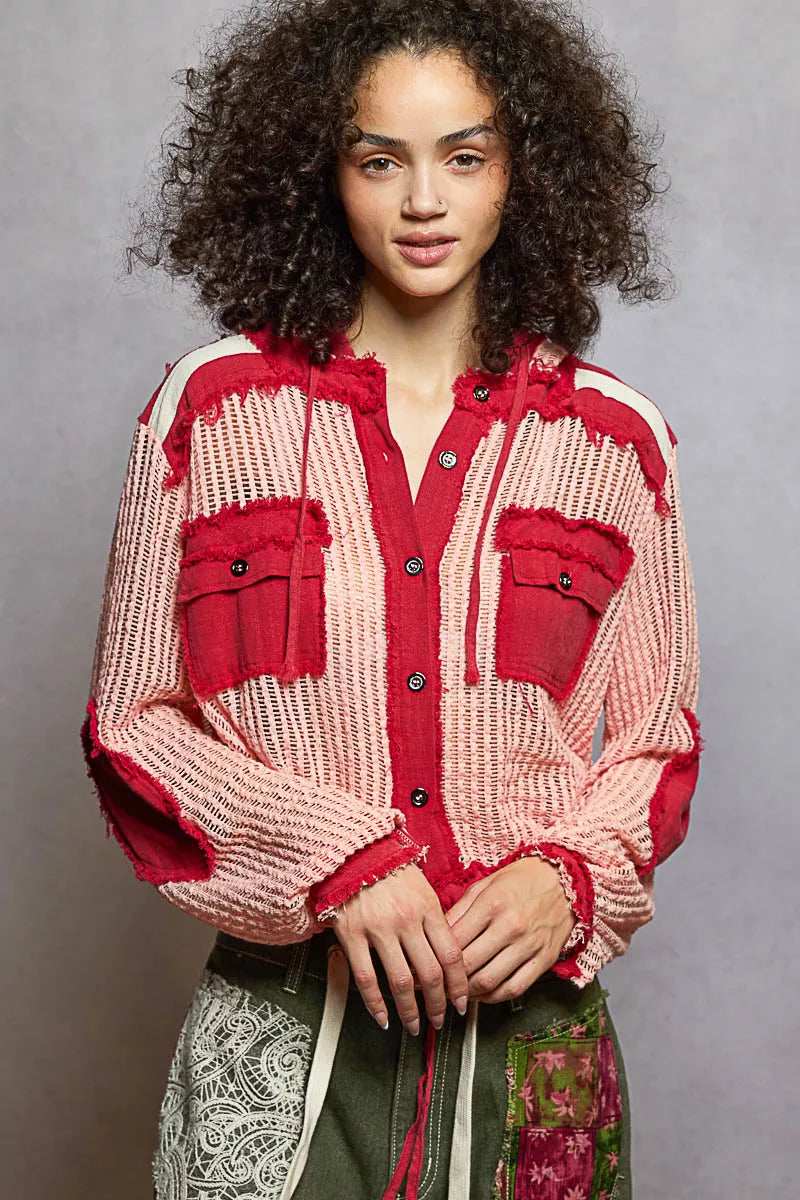 POL Texture Woven Button Down Hooded Shirt with Drawstring Hem - Trendsi - Flyclothing LLC