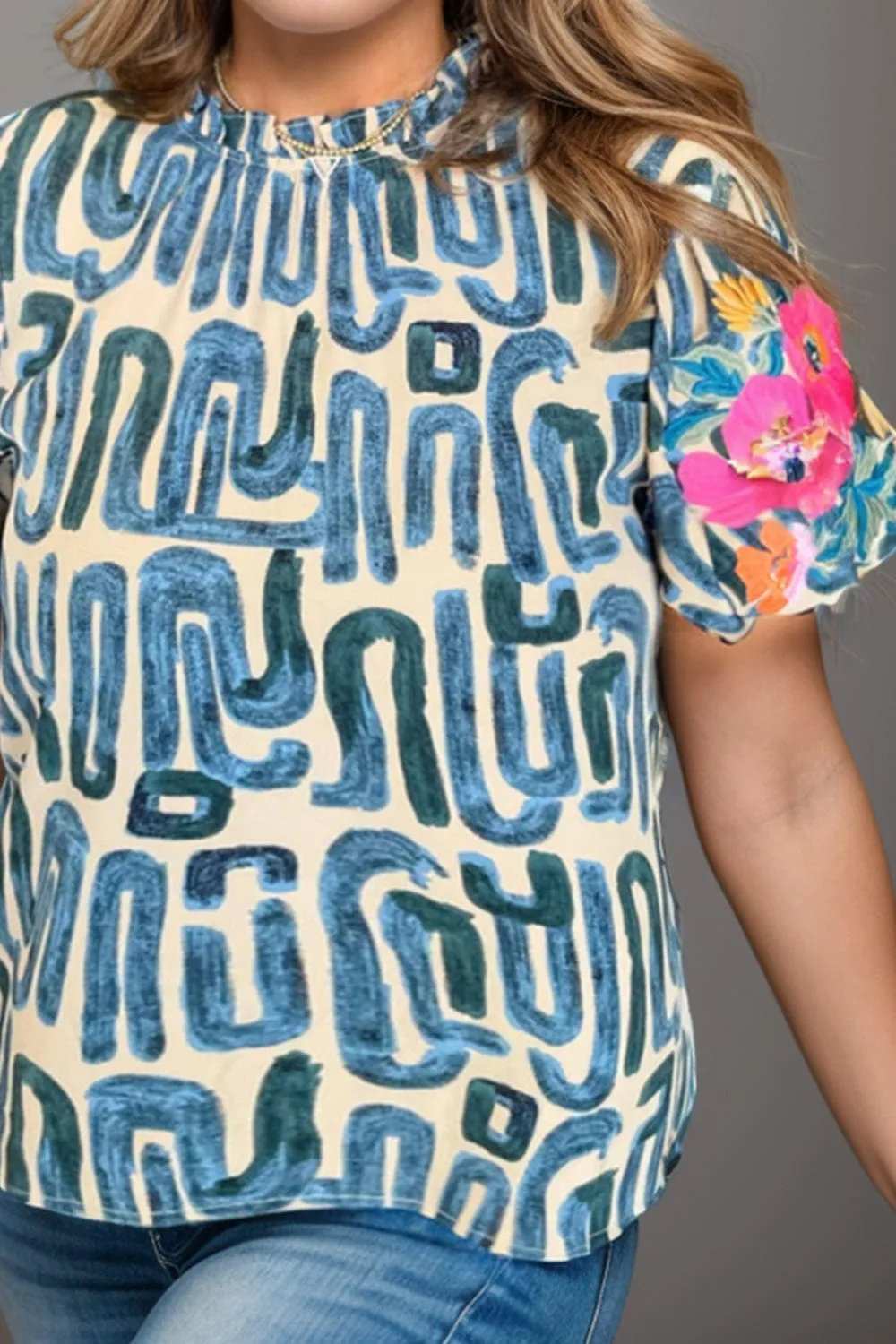 Plus Size Printed Mock Neck Short Sleeve Blouse - Trendsi - Flyclothing LLC