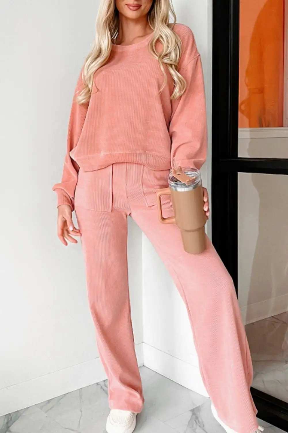 Round Neck Long Sleeve Top and Pants Set - Trendsi - Flyclothing LLC