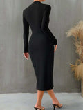 Slit Mock Neck Long Sleeve Midi Dress - Trendsi - Flyclothing LLC