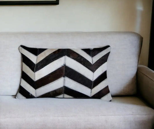 12" X 20" Chocolate Brown and Off White Chevron Cowhide Throw Pillow - Homeroots