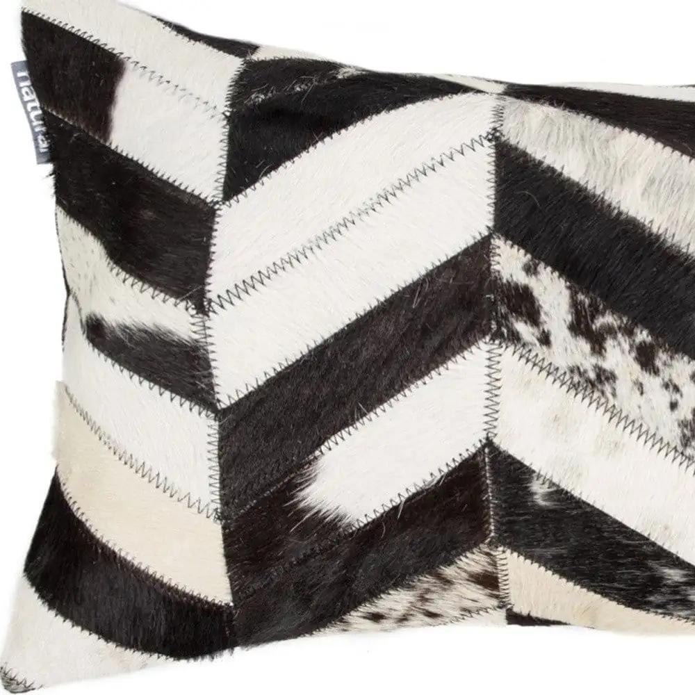 12" X 20" Black and Off White Chevron Cowhide Throw Pillow - Homeroots - Flyclothing LLC