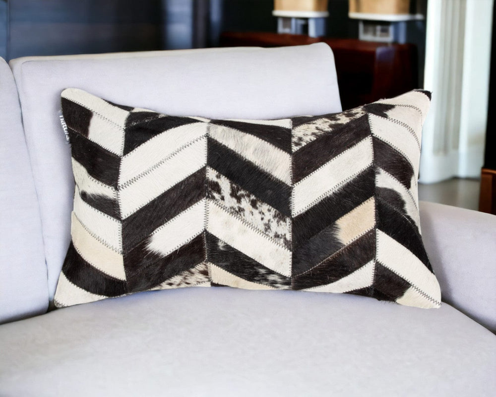 12" X 20" Black Brown and Off White Chevron Cowhide Throw Pillow - Homeroots - Flyclothing LLC