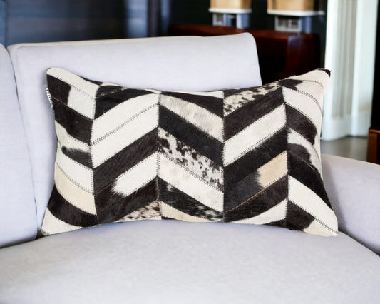 12" X 20" Black Brown and Off White Chevron Cowhide Throw Pillow - Homeroots