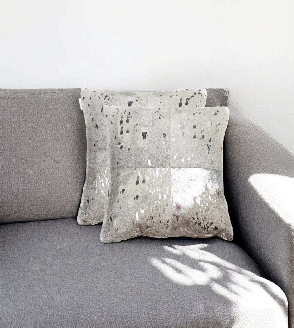 Set of Two Silver and Gray Cowhide Throw Pillow - Homeroots - Flyclothing LLC