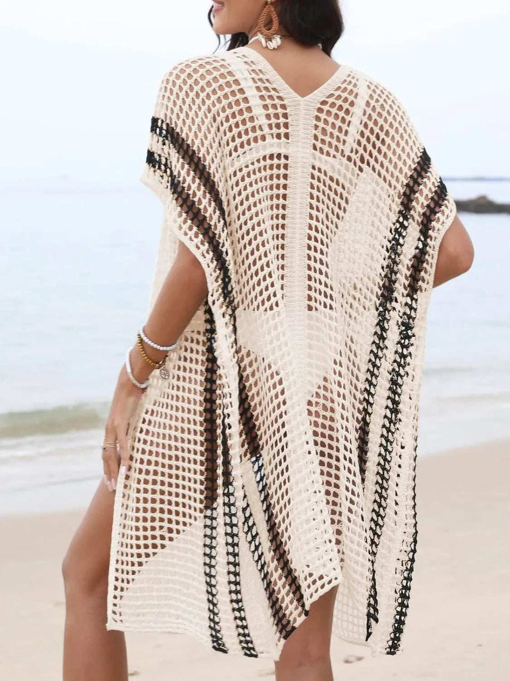 Open Front Contrast Openwork Cover-Up - Trendsi - Flyclothing LLC