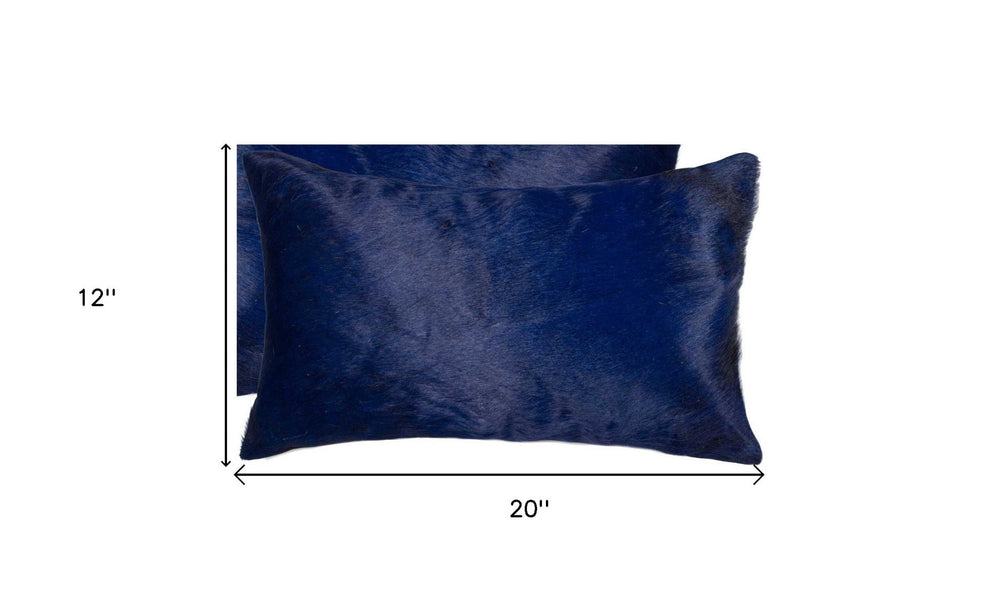 Set of Two 12" X 20" Navy Blue Cowhide Lumbar Throw Pillows - Homeroots - Flyclothing LLC