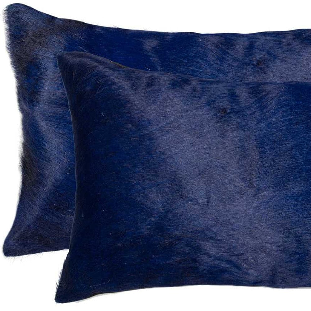Set of Two 12" X 20" Navy Blue Cowhide Lumbar Throw Pillows - Homeroots - Flyclothing LLC