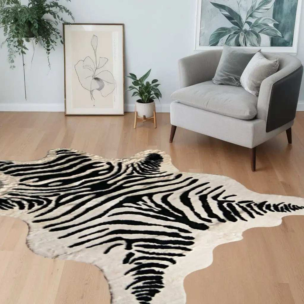 5' X 7' Black and White Faux Cowhide Zebra Print Area Rug - Homeroots - Flyclothing LLC
