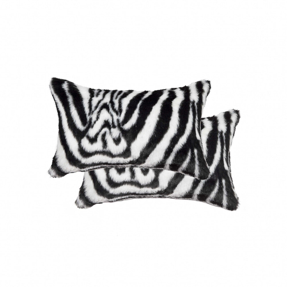 Set of Two 12" X 20" Black and White Faux Fur Throw Pillow - Homeroots - Flyclothing LLC