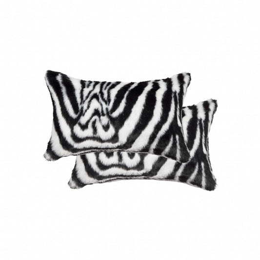 Set of Two 12" X 20" Black and White Faux Fur Throw Pillow - Homeroots