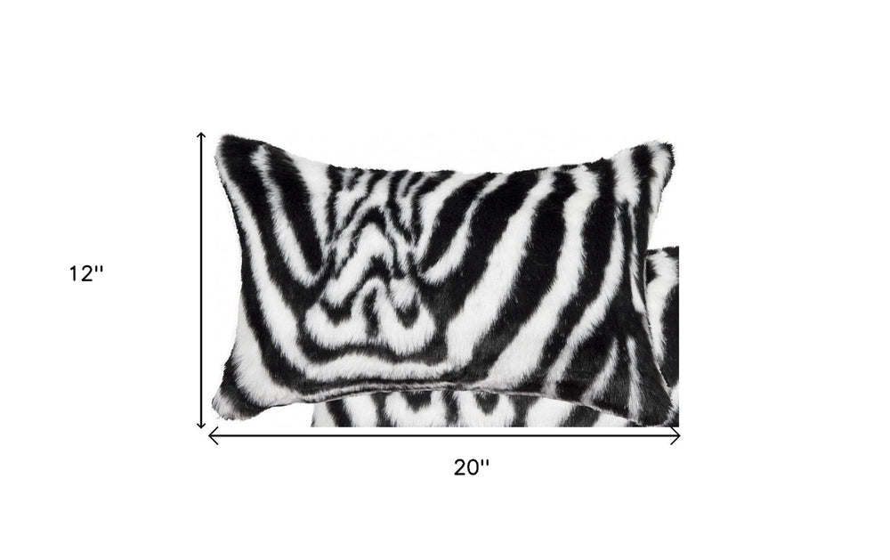 Set of Two 12" X 20" Black and White Faux Fur Throw Pillow - Homeroots - Flyclothing LLC