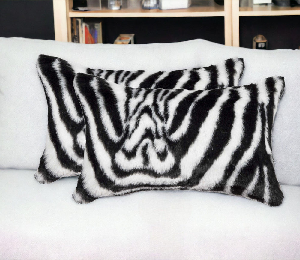 Set of Two 12" X 20" Black and White Faux Fur Throw Pillow - Homeroots - Flyclothing LLC