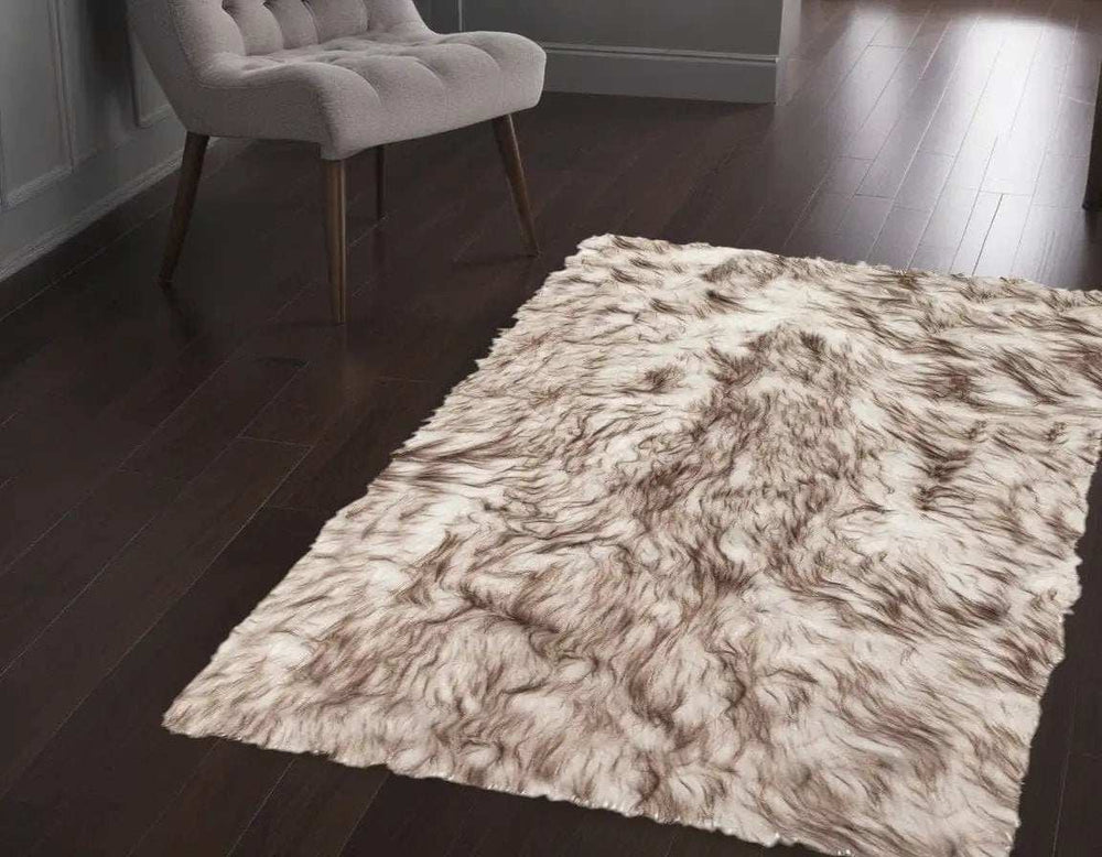2' X 3' Brown and White Faux Sheepskin Ombre Machine Tufted Non Skid Area Rug - Homeroots - Flyclothing LLC