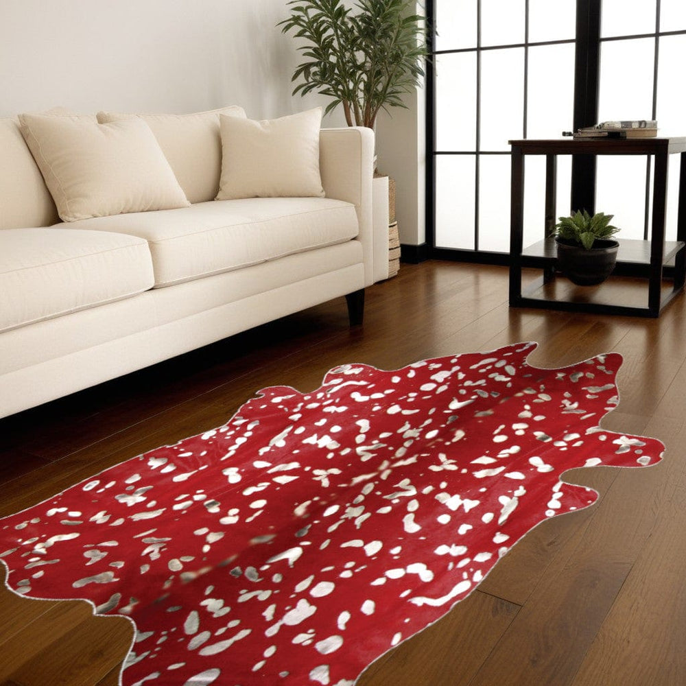 72" X 84" Red And Silver Cowhide - Area Rug - Homeroots - Flyclothing LLC