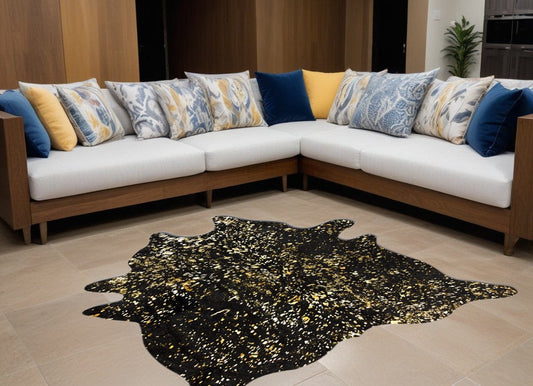 60" X 84" Black And Gold Cowhide - Area Rug - Homeroots - Flyclothing LLC