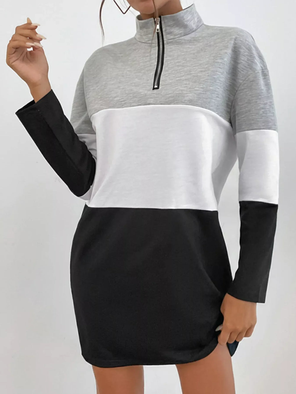 Color Block Zip Front Casual Dress - Trendsi - Flyclothing LLC