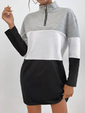 Color Block Zip Front Casual Dress - Trendsi - Flyclothing LLC