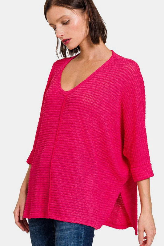 Zenana V-Neck High-Low Jacquard Knit Top - Trendsi - Flyclothing LLC