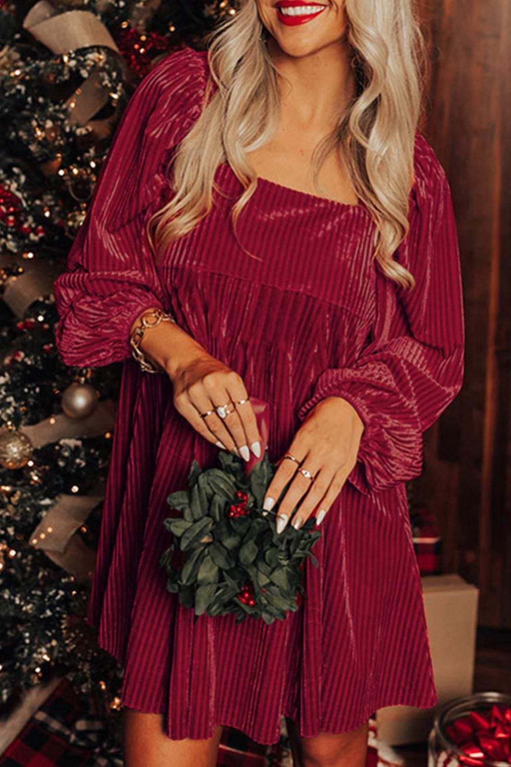 Square Neck Long Sleeve Mini Dress - Trendsi - Flyclothing LLC