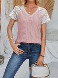Eyelet Lace Detail V-Neck Short Sleeve Top - Trendsi - Flyclothing LLC