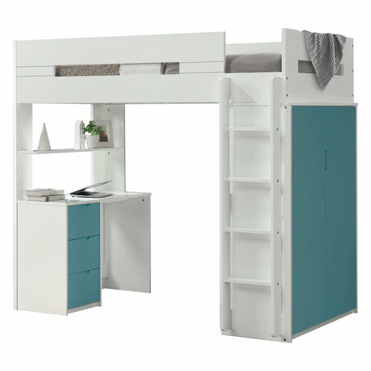 White And Teal Twin Loft Bed And Desk - Homeroots - Flyclothing LLC