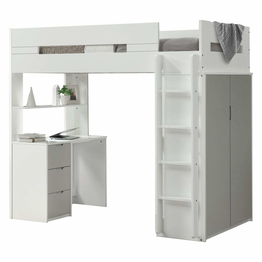 White And Gray Twin Loft Bed And Desk - Homeroots - Flyclothing LLC