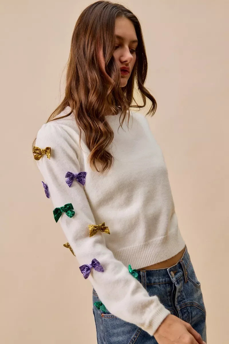 SO ME Mardi Gras Glitter Bow Ribbon Sweater Knit Top - Trendsi - Flyclothing LLC