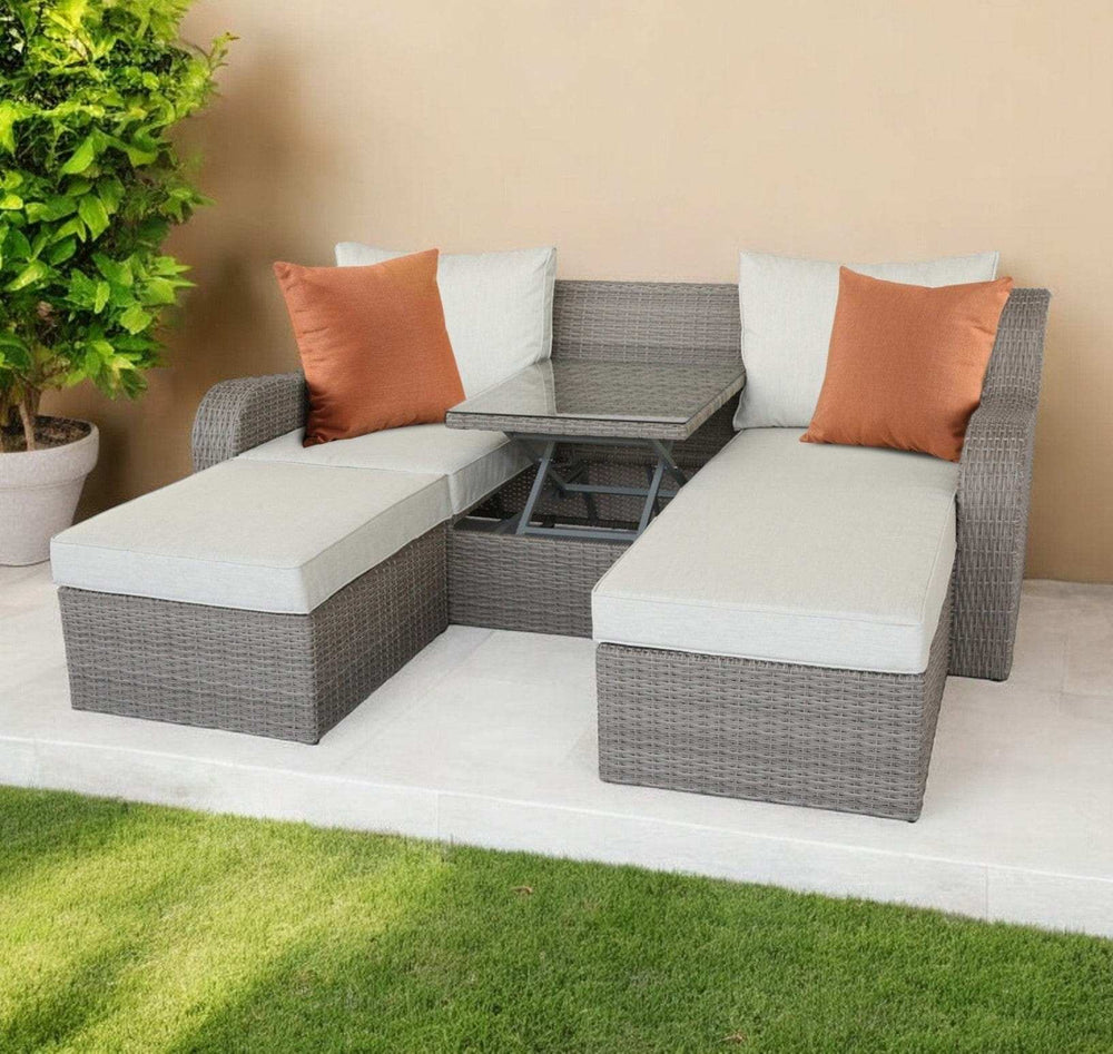 Three Piece Outdoor Gray Wicker Sectional Seating Group with Beige Cushions - Homeroots - Flyclothing LLC