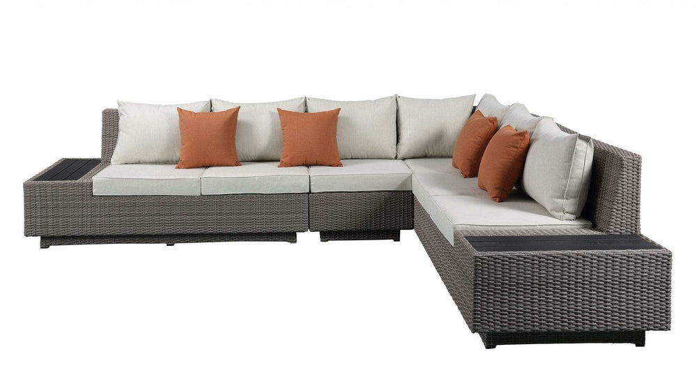 Beige Polyester Modular L Shaped Four Piece Standard With Console And Toss Pillows - Homeroots - Flyclothing LLC