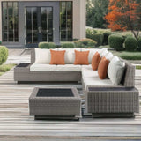 Beige Polyester Modular L Shaped Four Piece Standard With Console And Toss Pillows - Homeroots - Flyclothing LLC