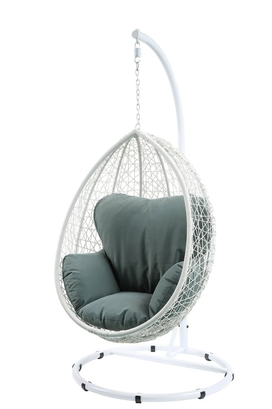 38" White Metal Swing Chair With Green Cushion - Homeroots