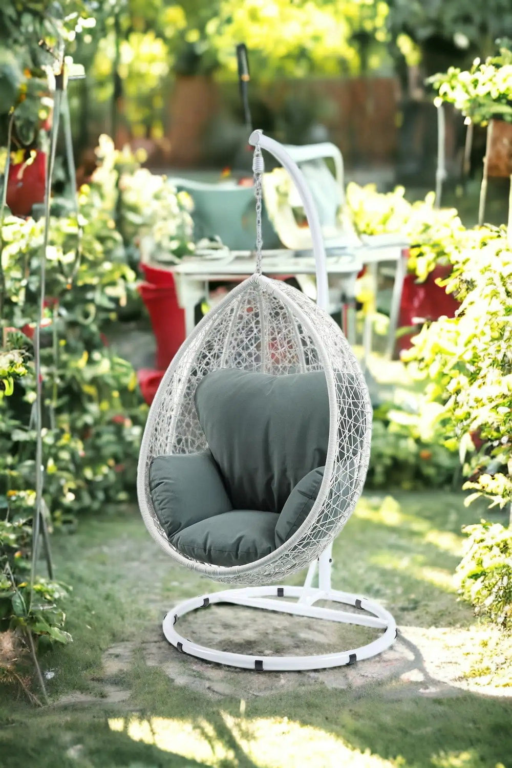38" White Metal Swing Chair With Green Cushion - Homeroots - Flyclothing LLC