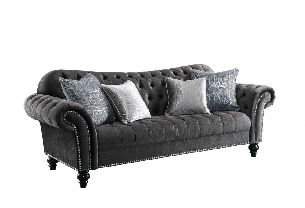 96" Dark Gray Velvet Chesterfield Sofa And Toss Pillows With Black Legs - Homeroots - Flyclothing LLC