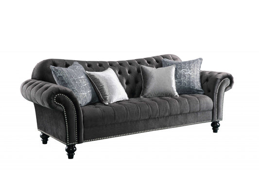96" Dark Gray Velvet Chesterfield Sofa And Toss Pillows With Black Legs - Homeroots