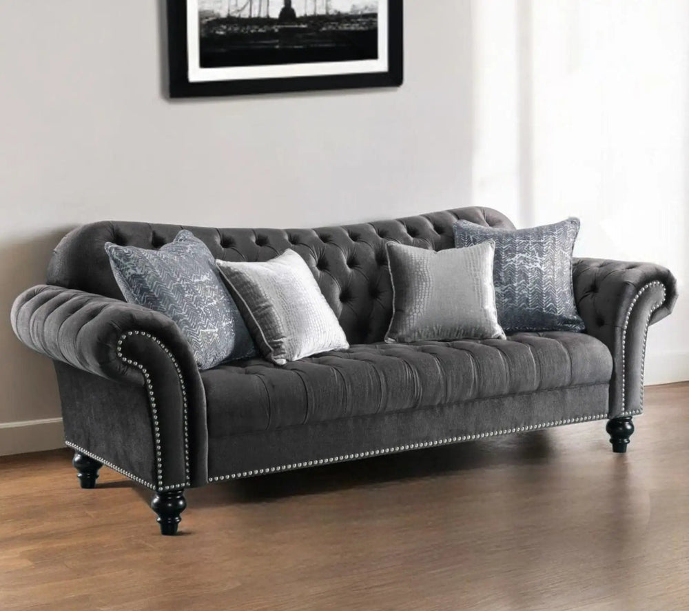 96" Dark Gray Velvet Chesterfield Sofa And Toss Pillows With Black Legs - Homeroots - Flyclothing LLC