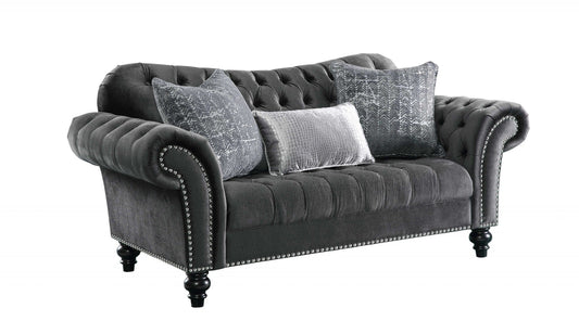 79" Gray And Black Velvet Loveseat and Toss Pillows - Homeroots