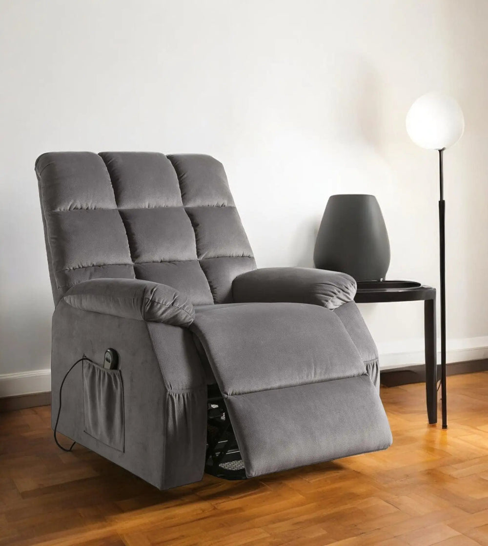 34" Gray Velvet Power Heated Massage Recliner - Homeroots - Flyclothing LLC
