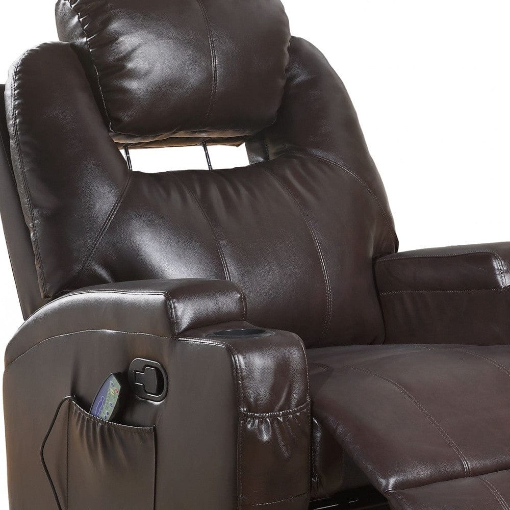 34" Brown Faux Leather Heated Massage Home Theater Recliner - Homeroots - Flyclothing LLC