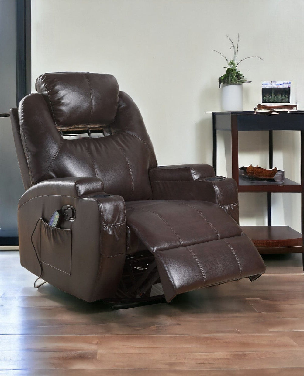 34" Brown Faux Leather Heated Massage Home Theater Recliner - Homeroots - Flyclothing LLC