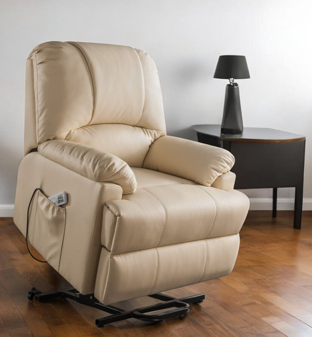 34" Beige Faux Leather Power Massage Lift Assist Recliner - Homeroots - Flyclothing LLC