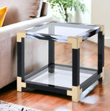 25" Black and Gold And Clear Glass And Iron Square End Table With Shelf With Magazine Holder - Homeroots - Flyclothing LLC