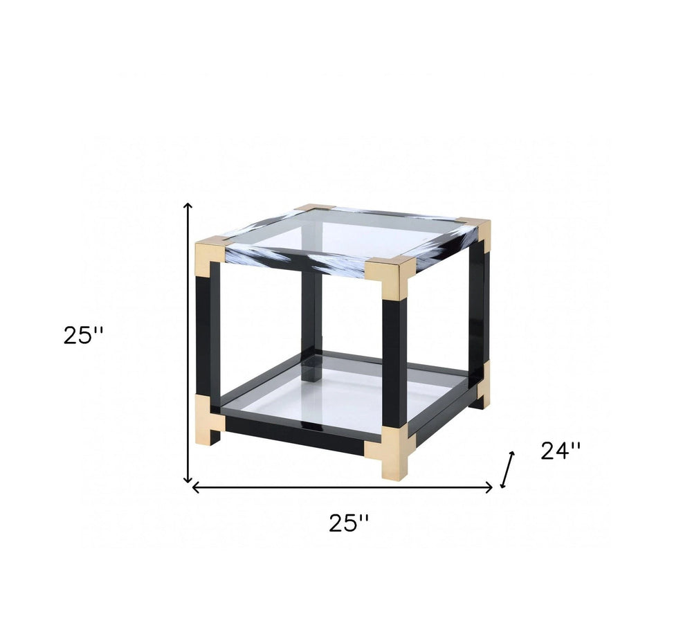 25" Black and Gold And Clear Glass And Iron Square End Table With Shelf With Magazine Holder - Homeroots - Flyclothing LLC