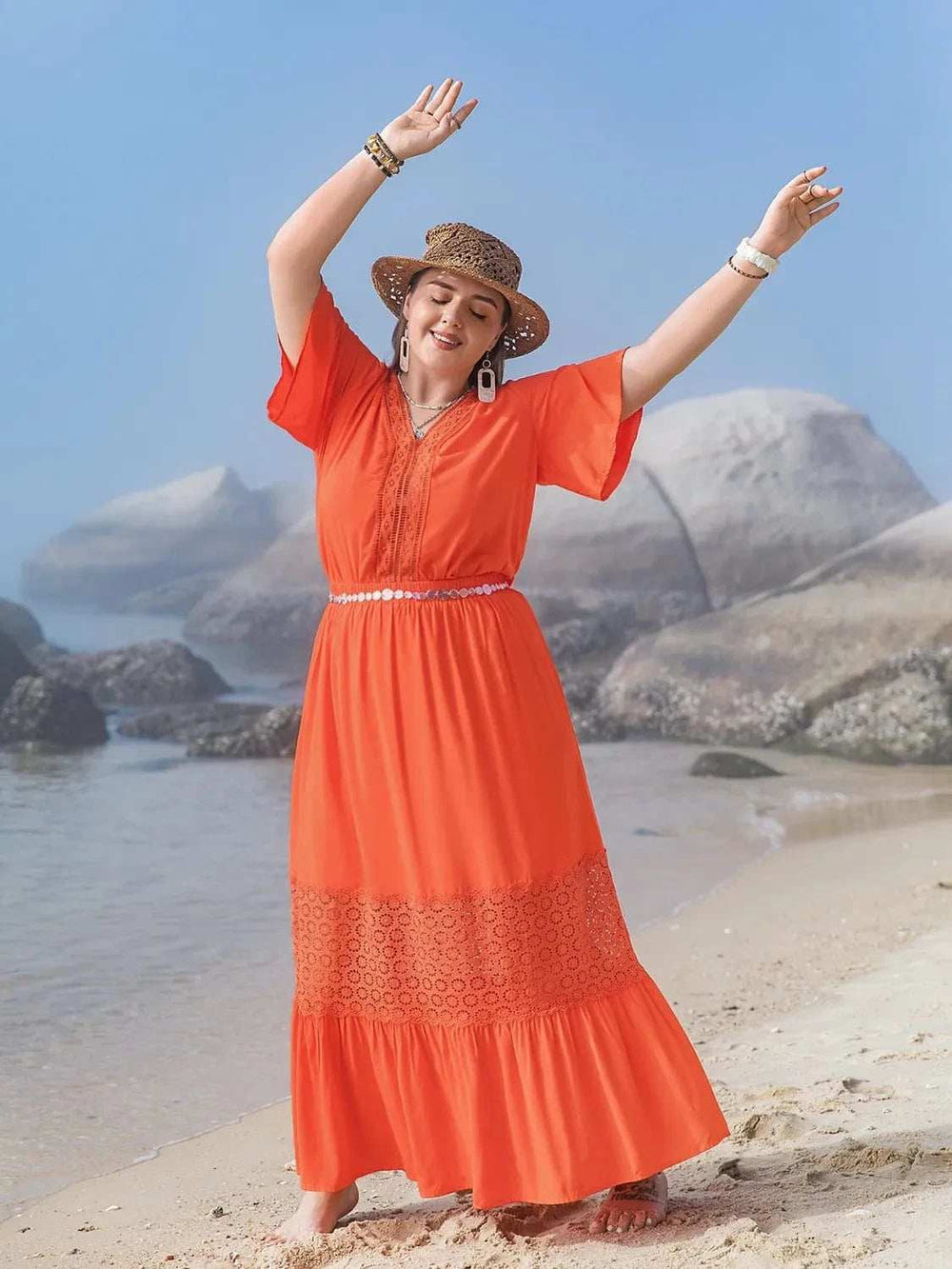 Plus Size V-Neck Flutter Sleeve Maxi Dress - Trendsi - Flyclothing LLC