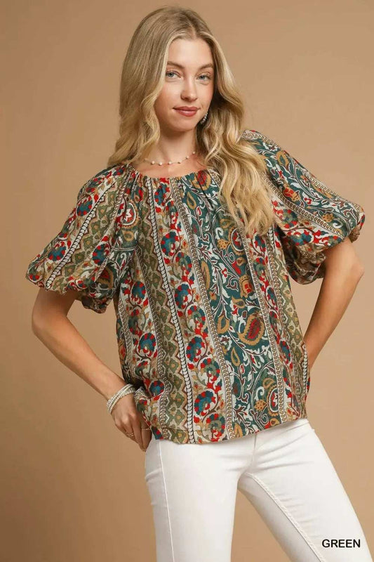 Umgee Boho Floral Stripe Puff Sleeve Blouse - Trendsi - Flyclothing LLC