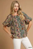 Umgee Boho Floral Stripe Puff Sleeve Blouse - Trendsi - Flyclothing LLC