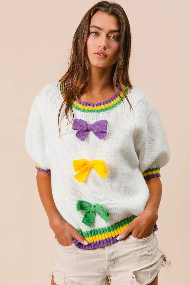 BiBi Short Puff Sleeve Ribbon Bow Mardi Gras Sweater - Trendsi - Flyclothing LLC