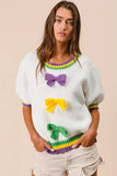 BiBi Short Puff Sleeve Ribbon Bow Mardi Gras Sweater - Trendsi - Flyclothing LLC